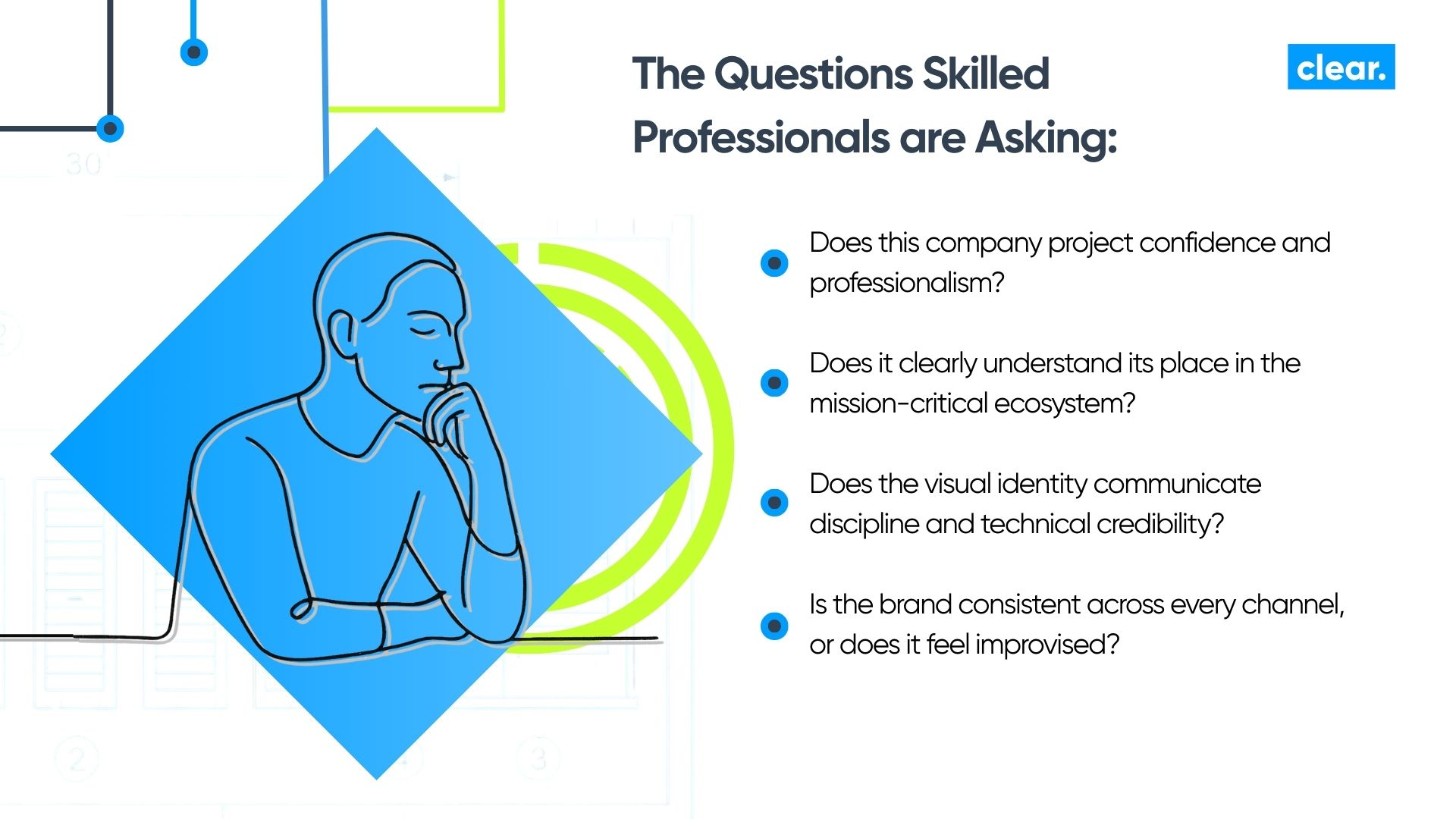 Infographic line drawing of a thinking person - The questions skilled professionals are asking blue and green on white background