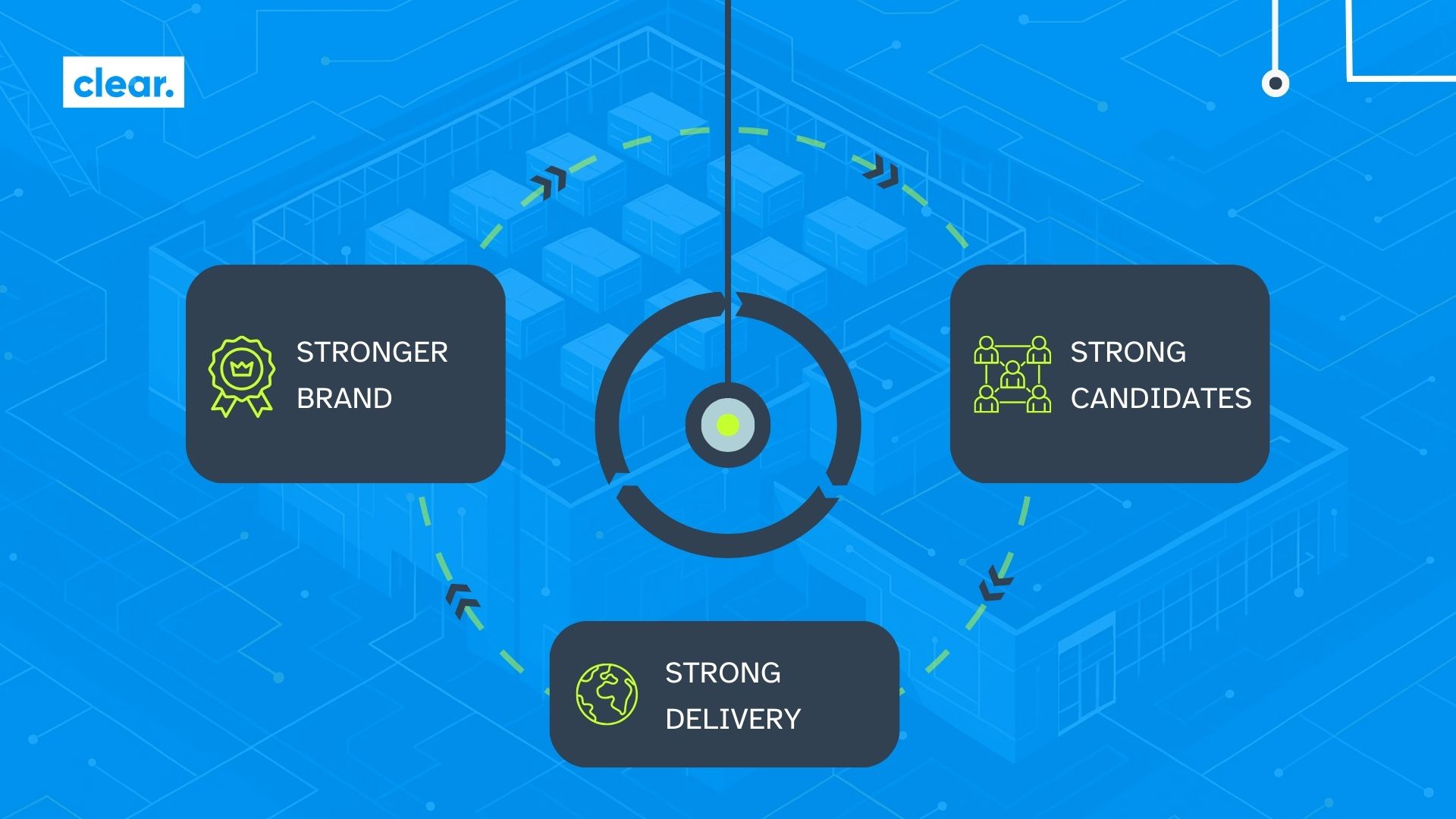 blue image with data center in the back 3 black boxes with green line infographics