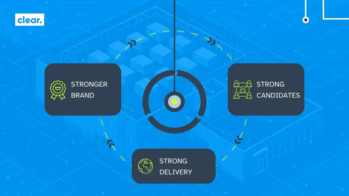 blue image with data center in the back 3 black boxes with green line infographics
